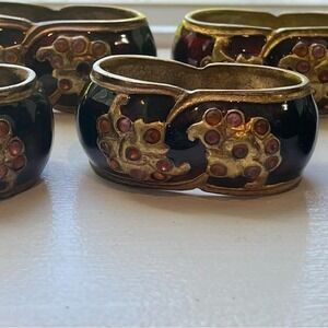 Vintage Enamel Brass Napkin Rings Set of 7 Floral Cloisonné Style 3 inches